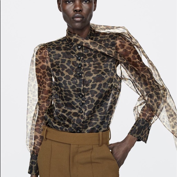 Zara ANIMAL PRINT Semi-Sheer BLOUSE W/TIE Neck LEOPARD CHEETAH BROWN/BLACK NEW - Picture 5 of 8